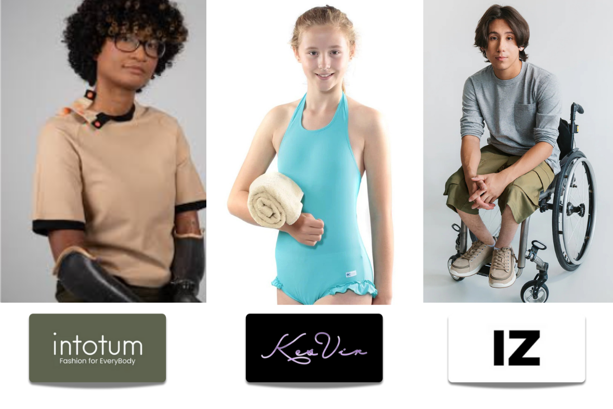 A trio of brands show tshirts, swimming costumes for kids and shorts for summer adaptive clothing options.